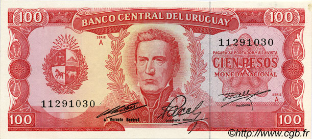 100 Pesos URUGUAY  1967 P.047a AU