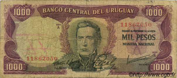 1000 Pesos URUGUAY  1967 P.049a SGE