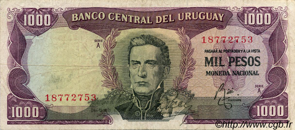 1000 Pesos URUGUAY  1967 P.049a q.BB