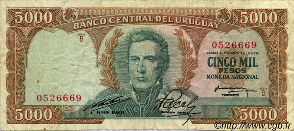 5000 Pesos URUGUAY  1967 P.050a TB