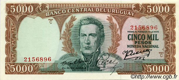 5000 Pesos URUGUAY  1967 P.050b SC+