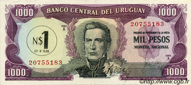 1 Nuevo Pesos sur 1000 Pesos URUGUAY  1975 P.055 AU
