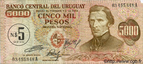5 Nuevos Pesos sur 5000 Pesos URUGUAY  1975 P.057 TTB