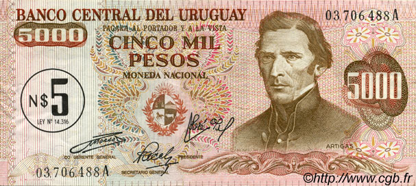 5 Nuevos Pesos sur 5000 Pesos URUGUAY  1975 P.057 XF