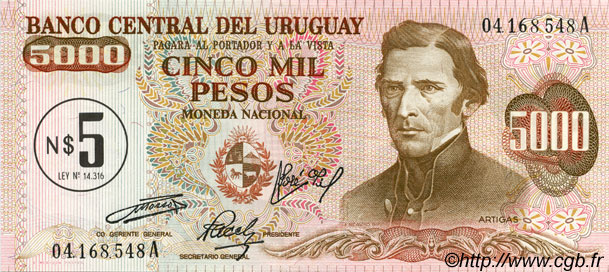 5 Nuevos Pesos sur 5000 Pesos URUGUAY  1975 P.057 q.FDC