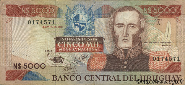 5000 Nuevos Pesos URUGUAY  1983 P.065a VF-