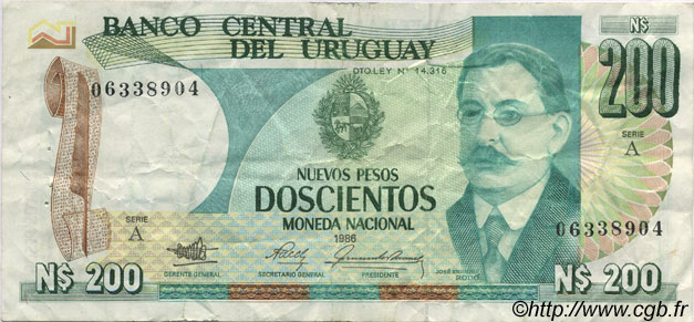 200 Nuevos Pesos URUGUAY  1986 P.066 fSS