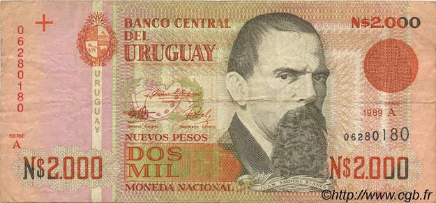 2000 Nuevos Pesos URUGUAY  1989 P.068 SS