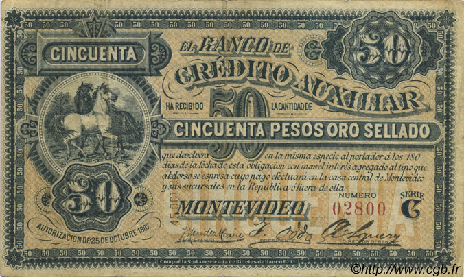 50 Pesos URUGUAY  1888 PS.165a TTB