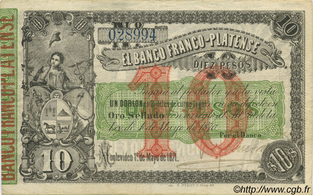 10 Pesos URUGUAY  1871 PS.171a VF+