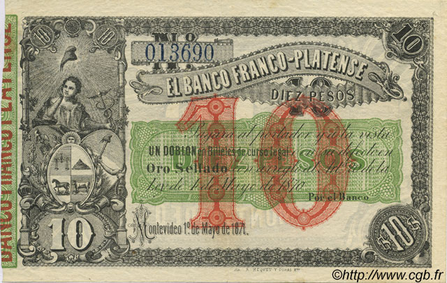 10 Pesos Non émis URUGUAY  1871 PS.171b VZ