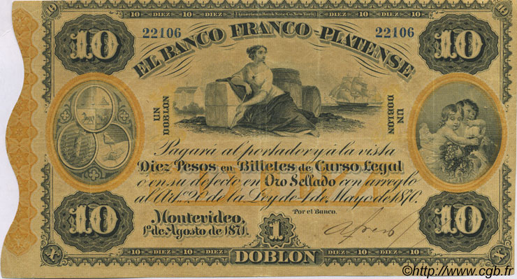 10 Pesos URUGUAY  1871 PS.172a SUP