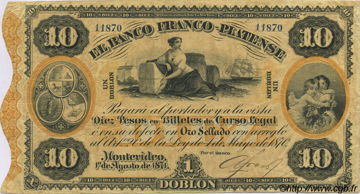 10 Pesos URUGUAY  1871 PS.172a fVZ