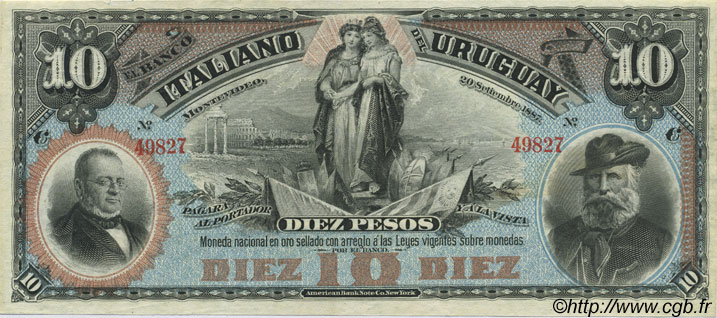 10 Pesos Non émis URUGUAY  1887 PS.212r AU