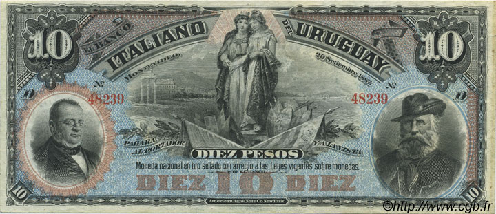 10 Pesos Non émis URUGUAY  1887 PS.212r pr.SPL