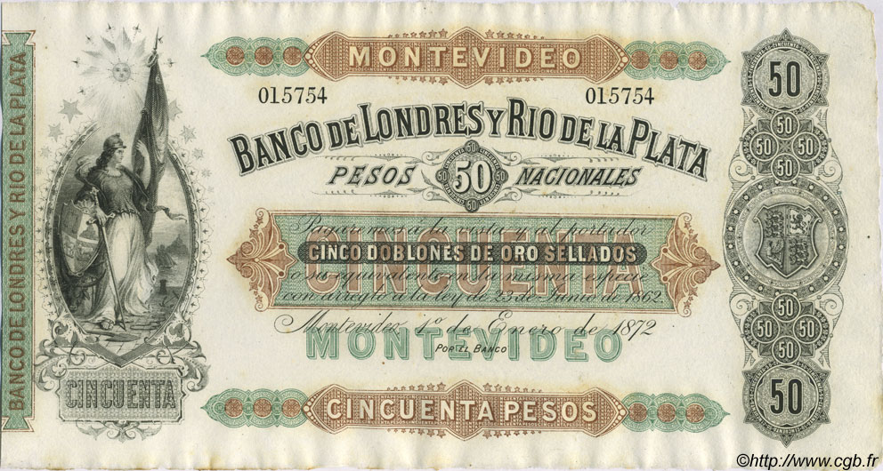 50 Pesos Non émis URUGUAY  1872 PS.238r fST+