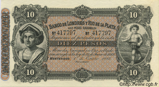 10 Pesos Non émis URUGUAY  1883 PS.242r SC+