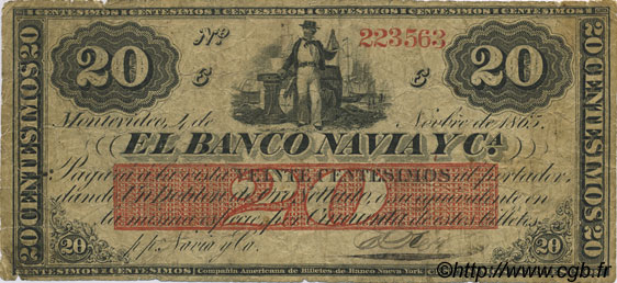 20 Centesimos URUGUAY  1865 PS.371 F-