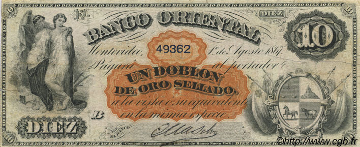 10 Pesos - 1 Doblon URUGUAY  1867 PS.385a RC+