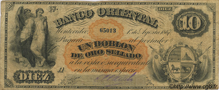 10 Pesos - 1 Doblon URUGUAY  1867 PS.385a MB