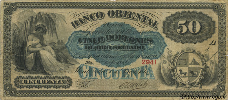50 Pesos - 5 Doblones URUGUAY  1867 PS.387 F+