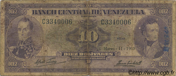 10 Bolivares VENEZUELA  1960 P.031d G