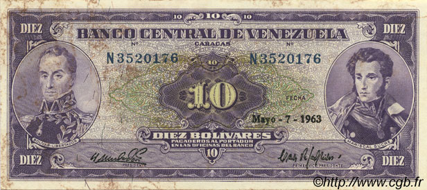 10 Bolivares VENEZUELA  1963 P.045a MBC+