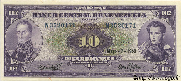 10 Bolivares VENEZUELA  1963 P.045a AU
