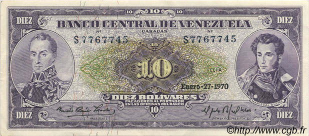 10 Bolivares VENEZUELA  1970 P.045g EBC+