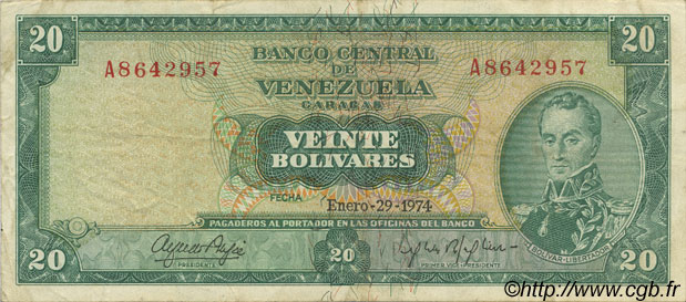 20 Bolivares VENEZUELA  1974 P.046e VF