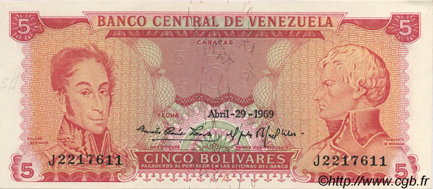 5 Bolivares VENEZUELA  1969 P.050b pr.NEUF