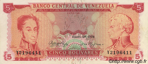 5 Bolivares VENEZUELA  1974 P.050h EBC