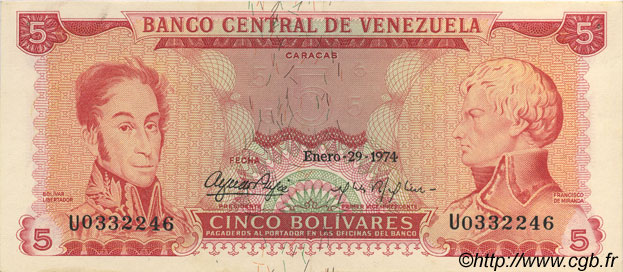 5 Bolivares VENEZUELA  1974 P.050h fST