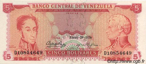 5 Bolivares VENEZUELA  1974 P.050h UNC