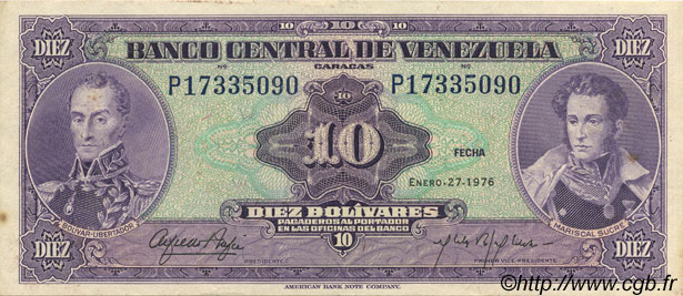 10 Bolivares VENEZUELA  1976 P.051e XF+