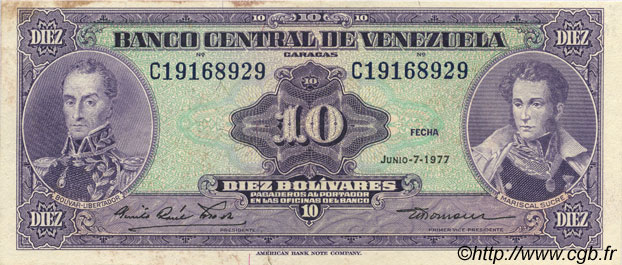 10 Bolivares VENEZUELA  1977 P.051f XF