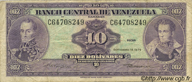 10 Bolivares VENEZUELA  1979 P.051g SGE to S
