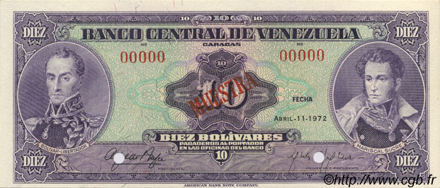 10 Bolivares Spécimen VENEZUELA  1972 P.051s1 ST