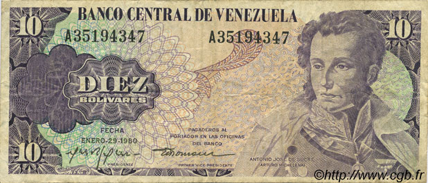 10 Bolivares VENEZUELA  1980 P.057a TB+