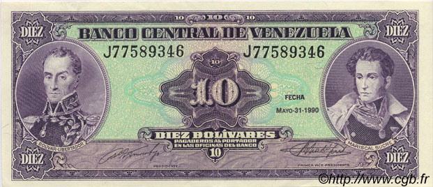 10 Bolivares VENEZUELA  1990 P.061b XF+