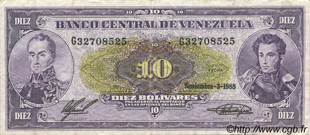 10 Bolivares VENEZUELA  1988 P.062 VF-