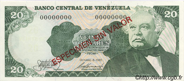 20 Bolivares Spécimen VENEZUELA  1981 P.063s NEUF