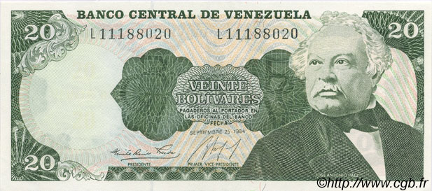 20 Bolivares VENEZUELA  1984 P.064 UNC