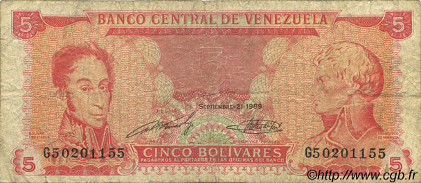 5 Bolivares VENEZUELA  1989 P.070 MB