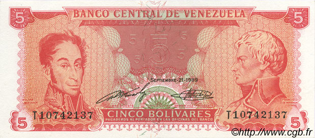 5 Bolivares VENEZUELA  1989 P.070 XF+