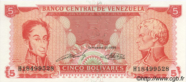 5 Bolivares VENEZUELA  1989 P.070 UNC-