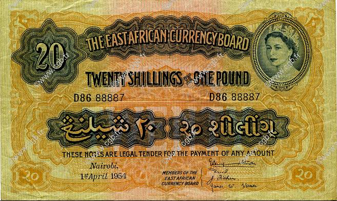 20 Shillings / 1 Pound  AFRIQUE DE L EST  1954 P.35 TTB