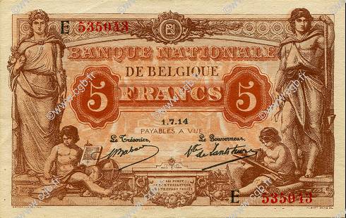 5 Francs BELGIQUE  1914 P.074a SUP+