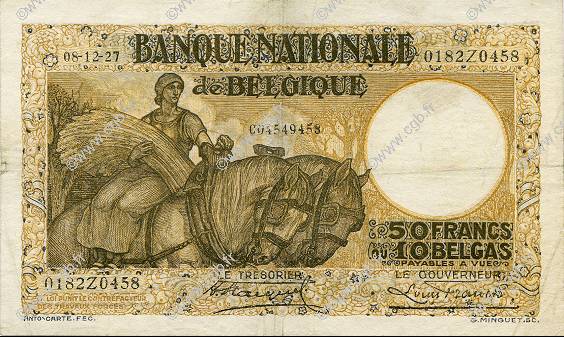 50 Francs - 10 Belgas BELGIQUE  1927 P.100 TTB