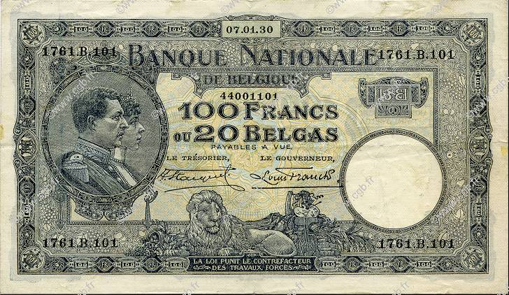 100 Francs - 20 Belgas BELGIO  1930 P.102 q.SPL